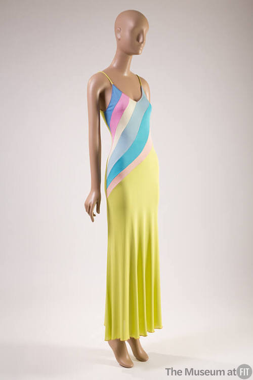 Slip dress with color blocked bodice in pink, light purple, ivory, peach and shades of blue and…