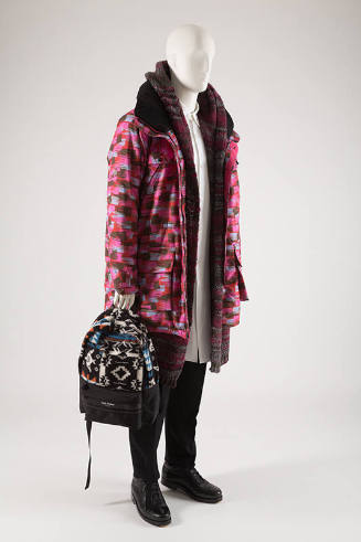 Man’s fuchsia abstract print parka, grey and red striped sweater, white dress shirt, black pant…