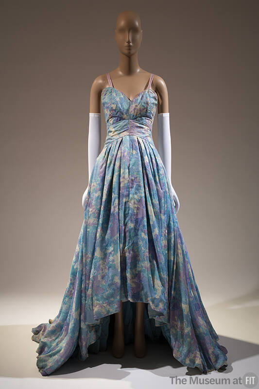 Blue, lavender and white printed sleeveless ball gown with sweetheart neckline, fitted bodice, …