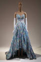 Blue, lavender and white printed sleeveless ball gown with sweetheart neckline, fitted bodice, …