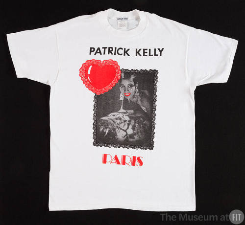 White t-shirt with black Patrick Kelly and red Paris writing around black and white image of Jo…