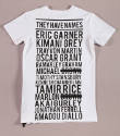 White short sleeve t-shirt covered in black writing reading “They have names” and 13 names with…
