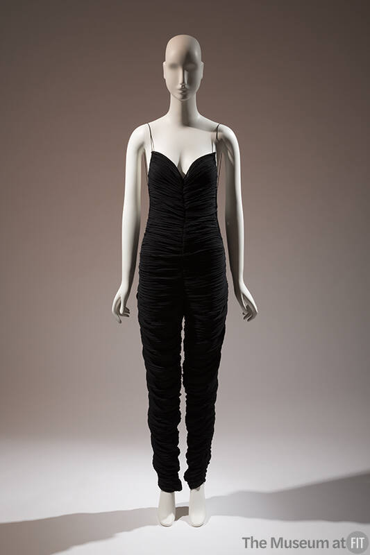 Black sleeveless fully ruched jumpsuit with spaghetti straps