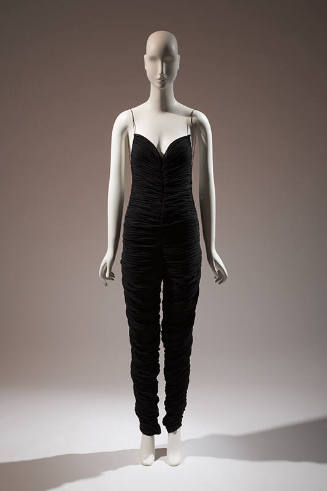 Black sleeveless fully ruched jumpsuit with spaghetti straps