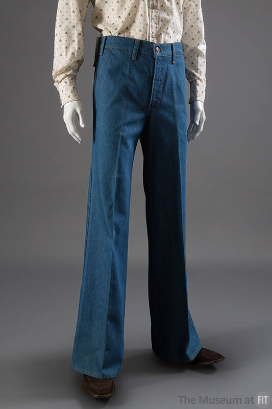 Blue denim flare leg jeans with zip and button front, belt loops 