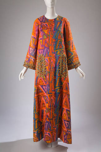 Caftan with abstract geometric print in orange, purple, pink, blue and yellow,  beaded trim