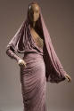 Detail view of light purple evening dress showing beige bodice panel on right breast with silve…