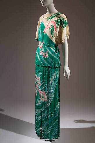Two-piece dress of belted tunic and floor-length skirt with large scale design of ocean waves, …