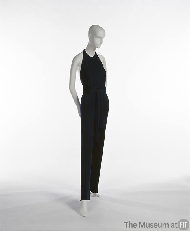 Navy blue halter neck blouse with sash tie around waist and matching pants