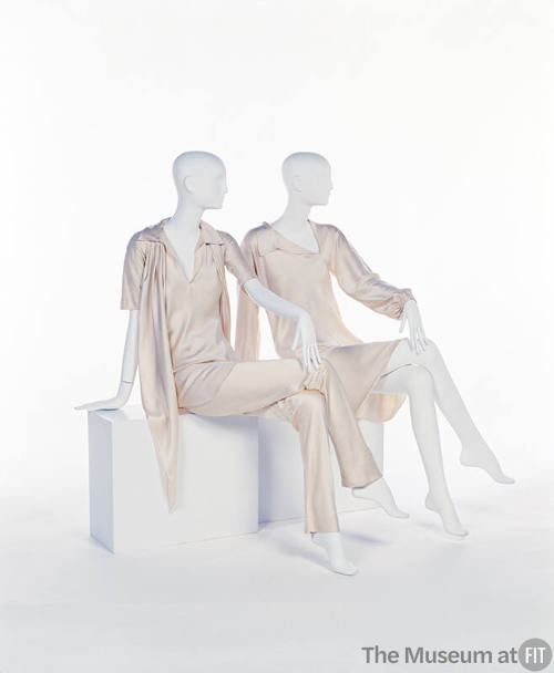 Two off-white silk evening blouse, short kimono sleeves and matching evening pants