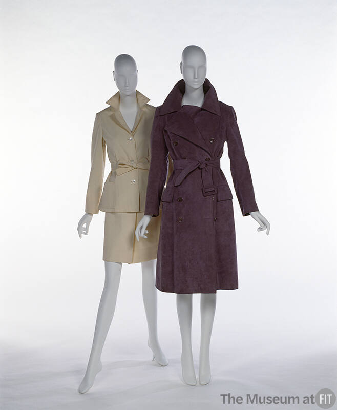 Left: off-white collared jacket and skirt set; Right: mauve knee length coat with self tie 