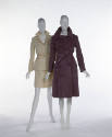Left: off-white collared jacket and skirt set; Right: mauve knee length coat with self tie 