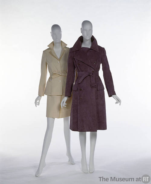 Left: off-white collared jacket and skirt set; Right: mauve knee length coat with self tie 