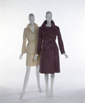 Left: off-white collared jacket and skirt set; Right: mauve knee length coat with self tie 