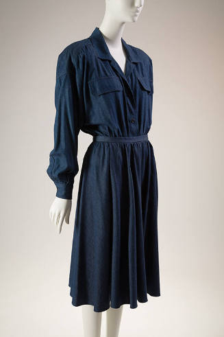 Dark blue denim shirt style bodysuit with long sleeves and flared skirt 