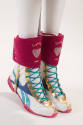 White, metallic gold and blue, and pink lace up sneakers with wide pink snap on ankle bands