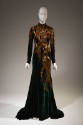 Dark green velvet long sleeve eveing gown with gold beads in falling hair tresses patten from n…