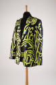 Dark indigo denim suit jacket with painted neon yellow and bright turquoise design; the word HA…