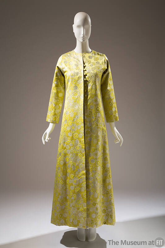 Yellow / green and silver floor length coat and sleeveless dress in silk satin brocade with a s…