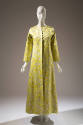 Yellow / green and silver floor length coat and sleeveless dress in silk satin brocade with a s…