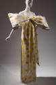 Floor length strapless white dress with bright yellow swirling circles with detachable, oversiz…