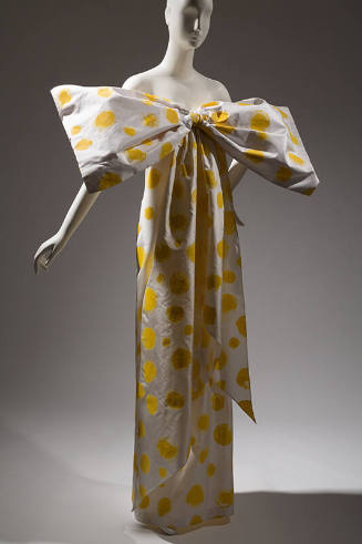 Floor length strapless white dress with bright yellow swirling circles with detachable, oversiz…