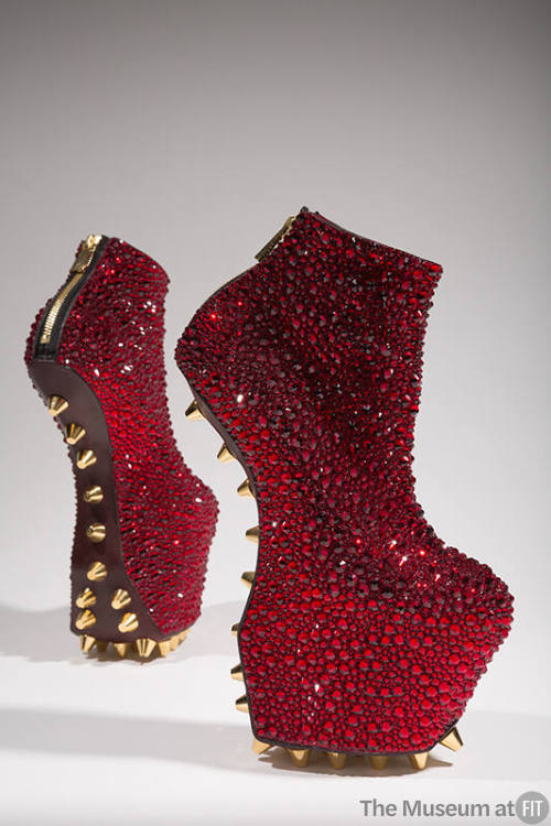 Crystal Rose ruby red heel-less platform ankle boots with faceted crystal stones of various siz…