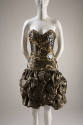 Black and tarnished metallic gold strapless evening dress with floral and geometric horizontal …