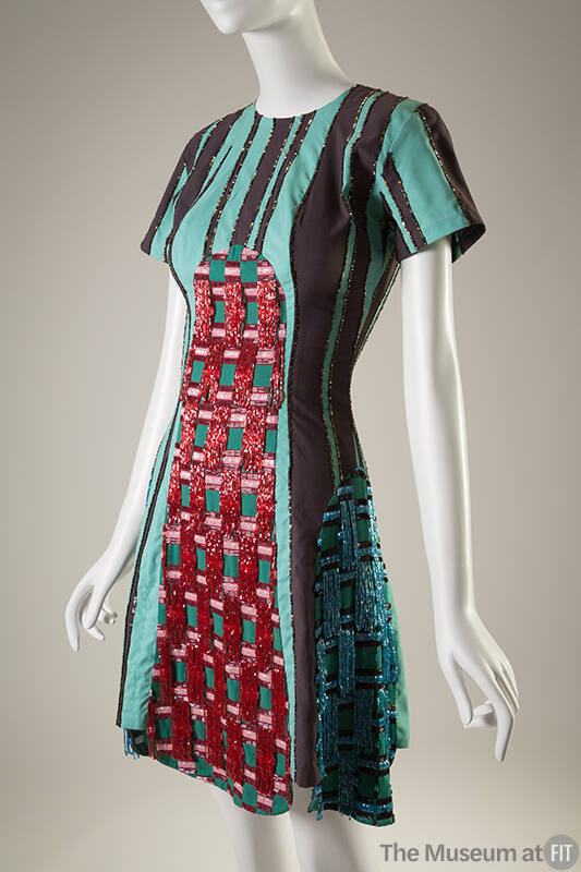 Aqua green and dark grey irregular striped short sleeve above the knee dress with large center …