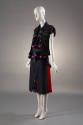 Indigo denim button front vest, sleeveless black top with pink and navy blue stripes and knee l…