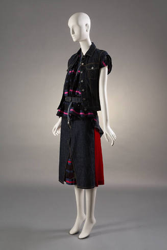Indigo denim button front vest, sleeveless black top with pink and navy blue stripes and knee l…