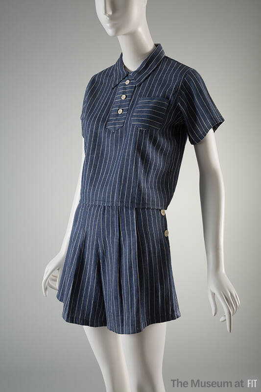 Blue and white stripe short sleeve top with patch pocket, matching side button pleated shorts 