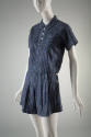 Blue and white stripe short sleeve top with patch pocket, matching side button pleated shorts 