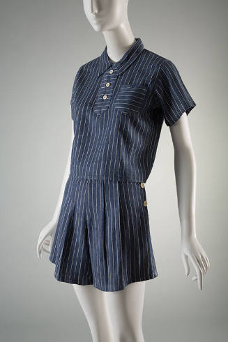 Blue and white stripe short sleeve top with patch pocket, matching side button pleated shorts 