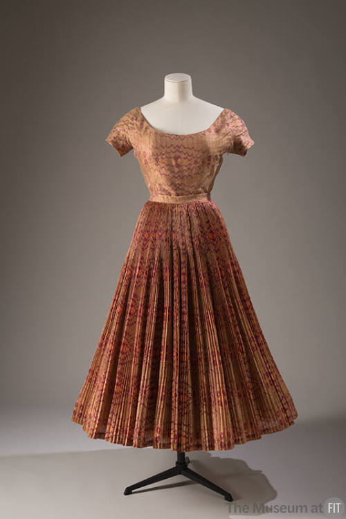 Two-piece gold-toned dress printed with magenta and orange butterflies with scoop neckline, sho…