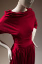 close up of cowl neck, elbow length stylized dolman sleeves