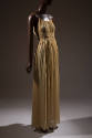 Beige crystal pleated full length dress with spaghetti straps, long wrap, and tie sash

