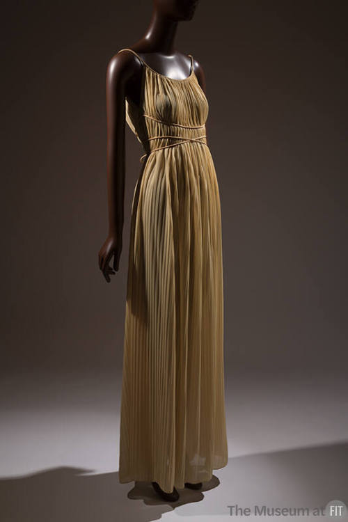 Beige crystal pleated full length dress with spaghetti straps, long wrap, and tie sash

