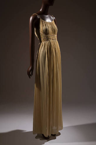 Beige crystal pleated full length dress with spaghetti straps, long wrap, and tie sash

