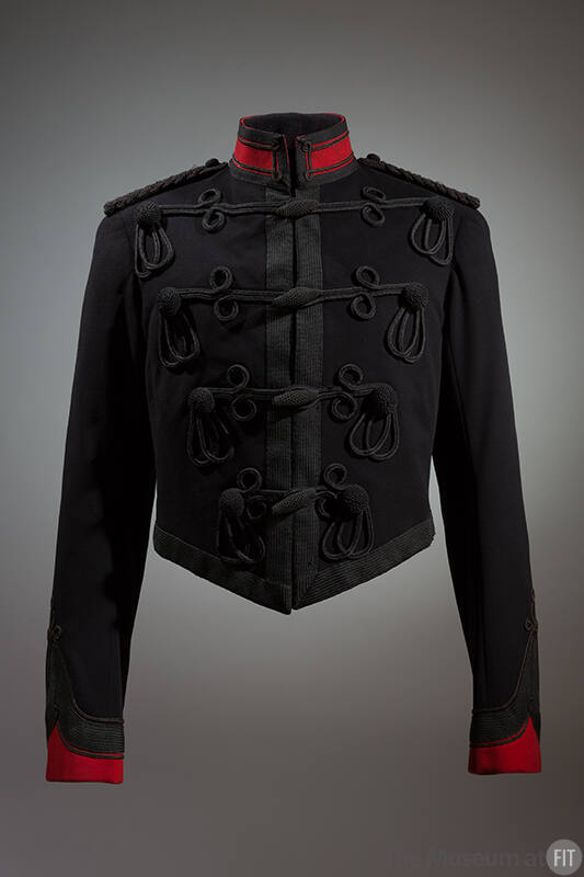 Black and red cropped jacket with braided ornamentation