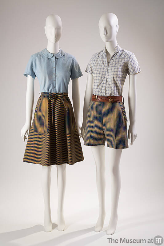 Blue short sleeve shirt with navy blue and gold striped skirt on left and white short sleeve sh…
