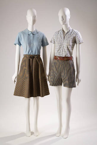 Blue short sleeve shirt with navy blue and gold striped skirt on left and white short sleeve sh…