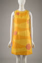 Sleeveless yellow knee-length dress with horizontal wavy orange sections and interspersed red c…
