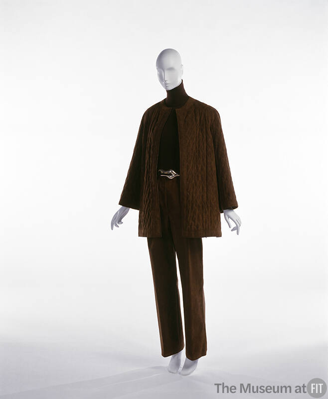 Brown quilted Ultrasuede pantsuit styled with brown jacket and belt