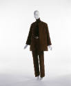 Brown quilted Ultrasuede pantsuit styled with brown jacket and belt