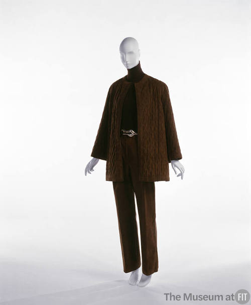 Brown quilted Ultrasuede pantsuit styled with brown jacket and belt