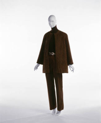 Brown quilted Ultrasuede pantsuit styled with brown jacket and belt