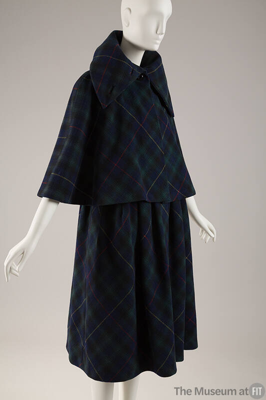 Navy blue, green, black, red and melton plaid cape and matching coat