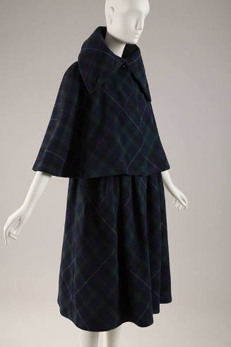 Navy blue, green, black, red and melton plaid cape and matching coat