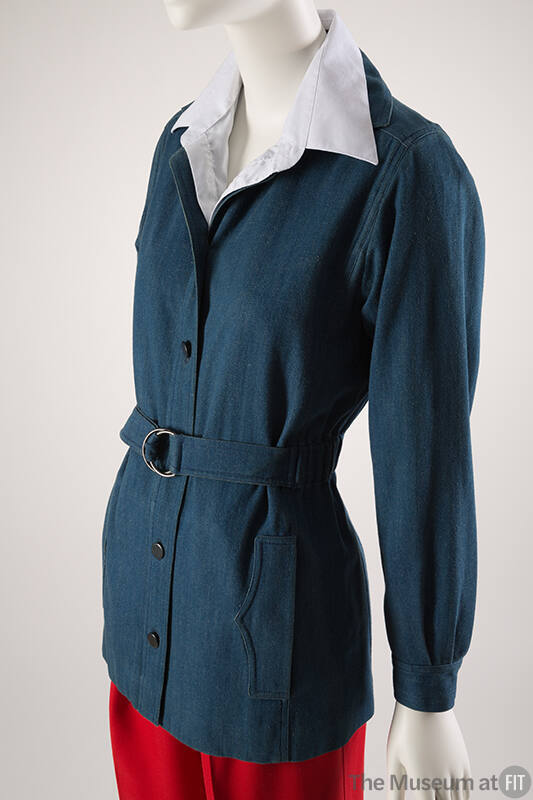 Blue denim jacket with convertible collar & self belt at waist